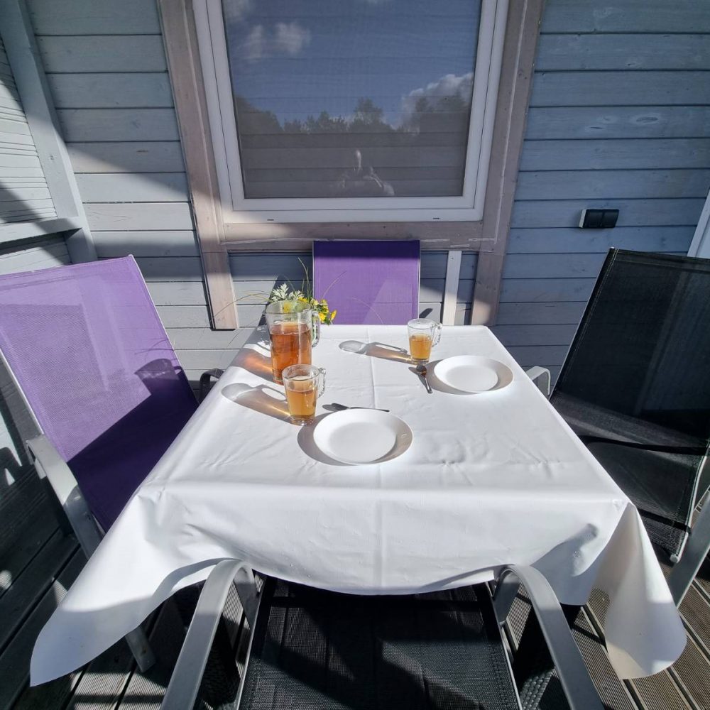 Zadaszony taras domku Patkachatka w Ostrowie – stół przygotowany na kolację dla gości z psem